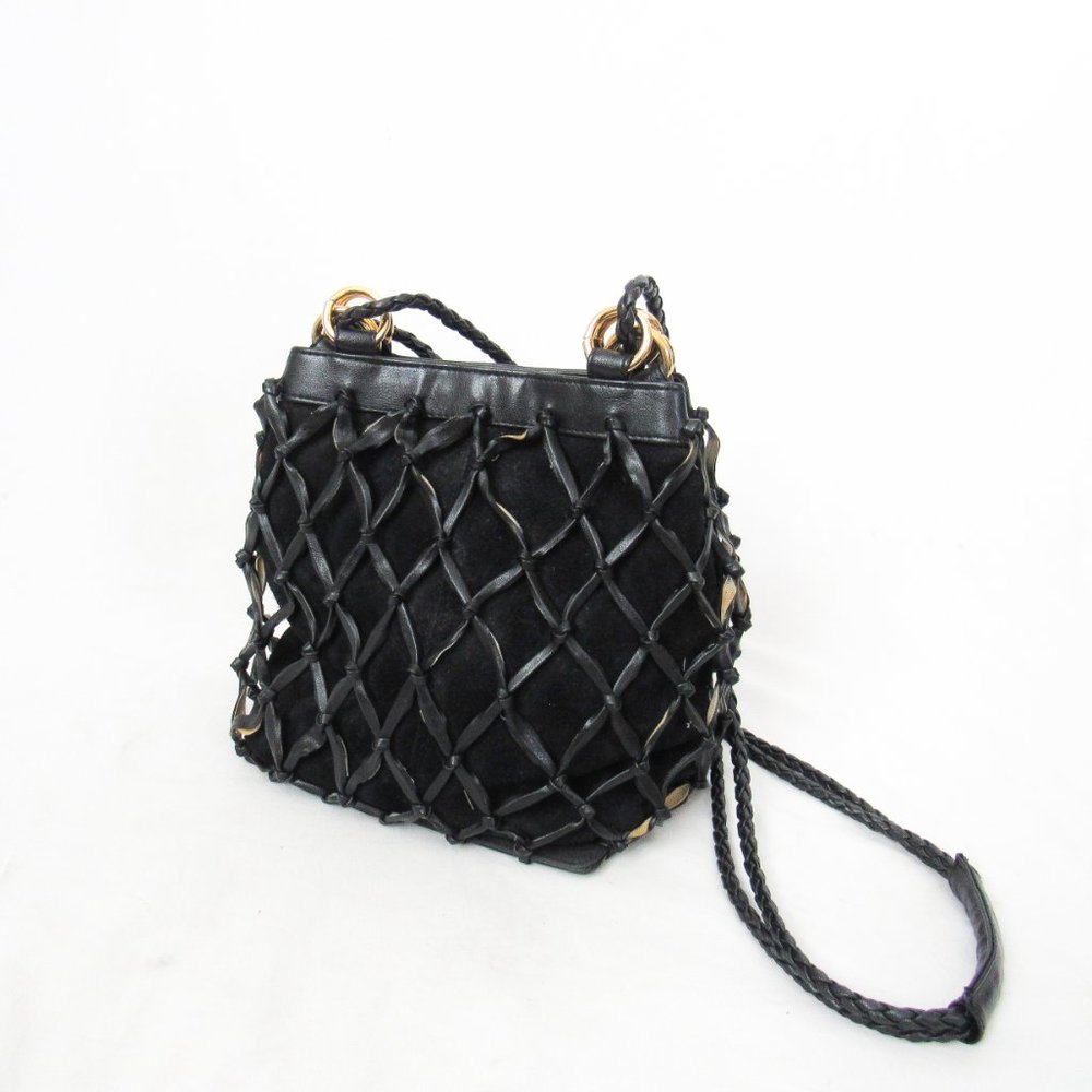VINTAGE Tiannl Italian Black Suede Leather Purse Shoulder Bag Classic Gold - Picture 2 of 10
